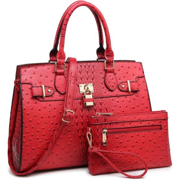 Women Handbags and Purses Ladies 3-ostrich Red With Rolled Handles